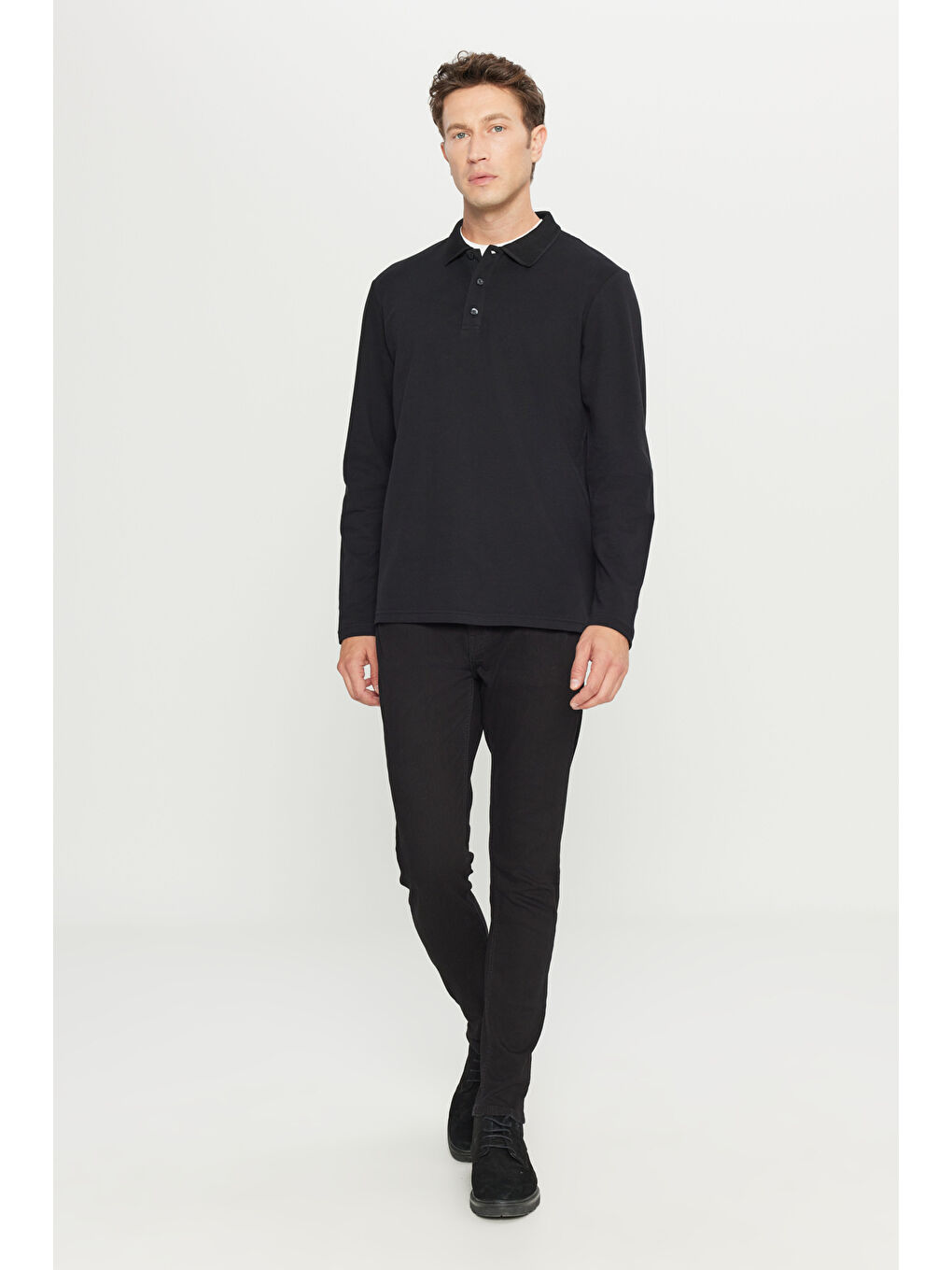 Erkek Siyah %100 Pamuk Standart Fit Normal Kesim Polo Yaka Sweatshirt-3