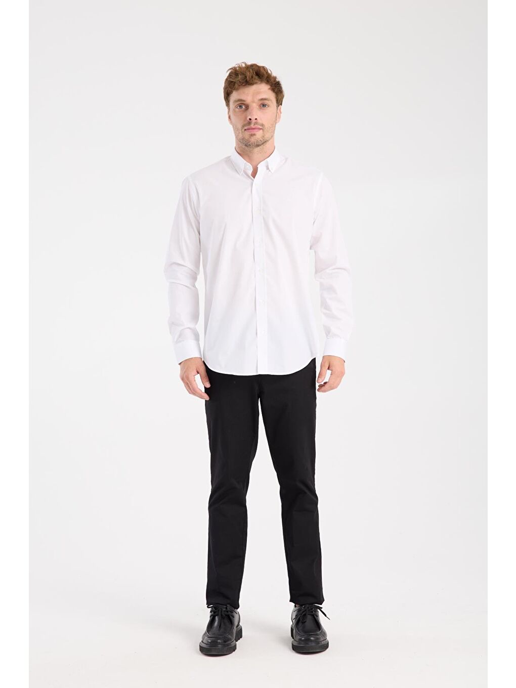 Aclub Ac10107 Poplin Pamuk Karışımlı Slim Fit Beyaz Düğmeli Yaka Erkek Düz Gömlek