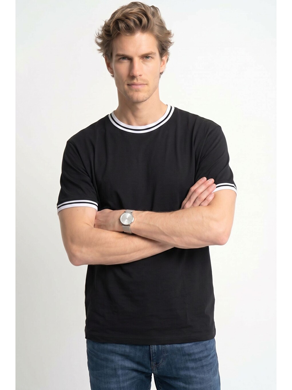 Erkek Regular Fit Rahat Kesim Bisiklet Yaka %100 Pamuk Siyah Tişört-5