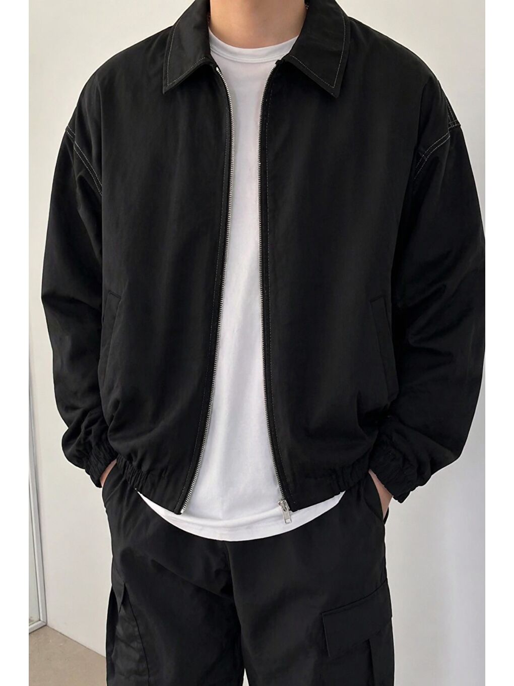 Siyah Erkek Oversize Bomber Ceket Fermuarlı Basic Günlük Mont