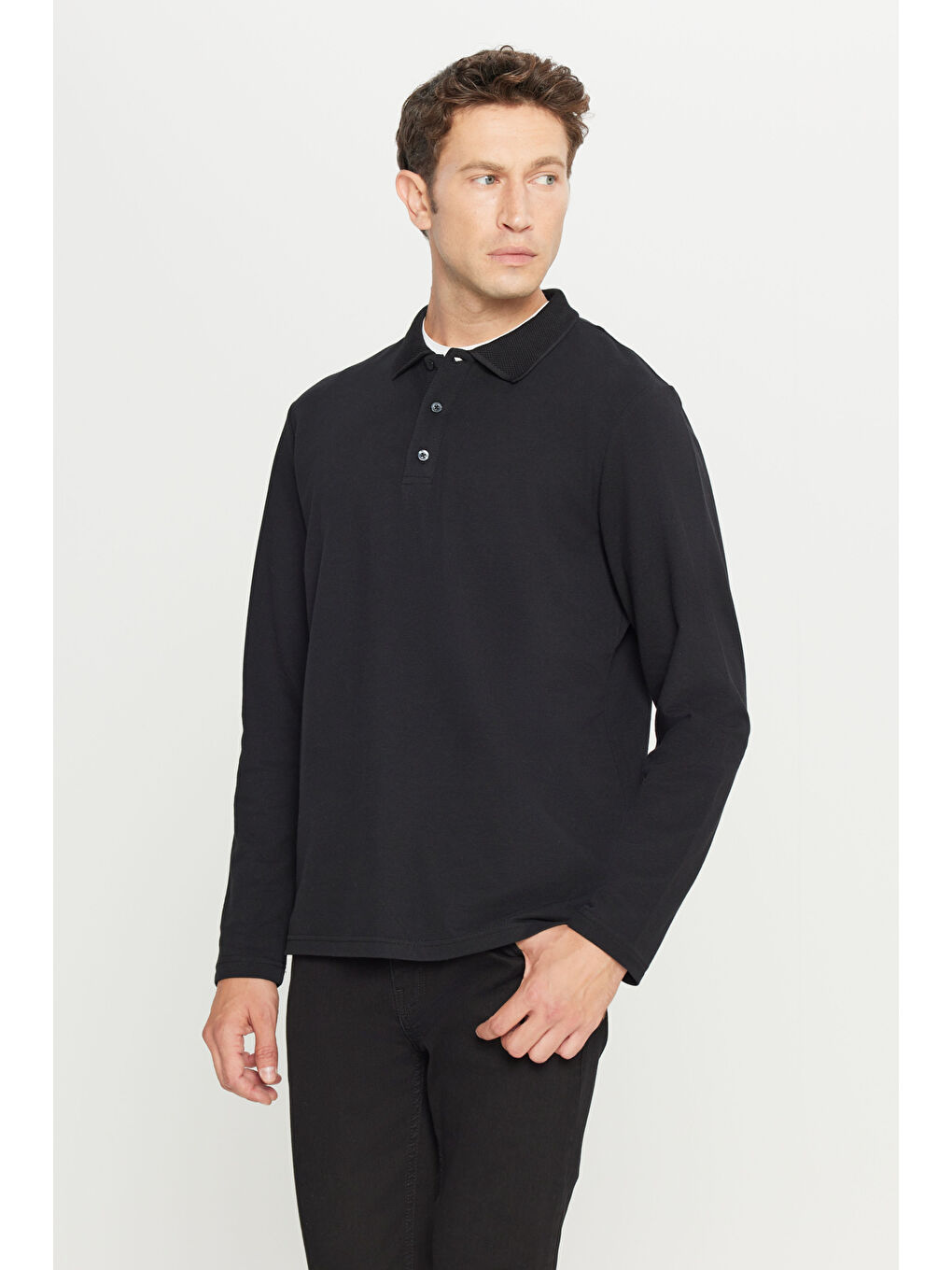 Erkek Siyah %100 Pamuk Standart Fit Normal Kesim Polo Yaka Sweatshirt