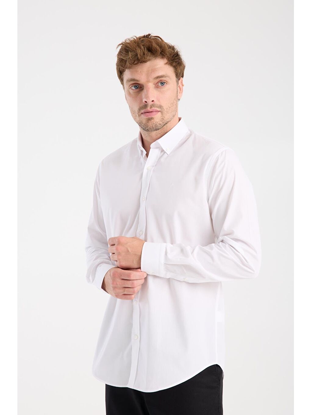 Aclub Ac10107 Poplin Pamuk Karışımlı Slim Fit Beyaz Düğmeli Yaka Erkek Düz Gömlek-2