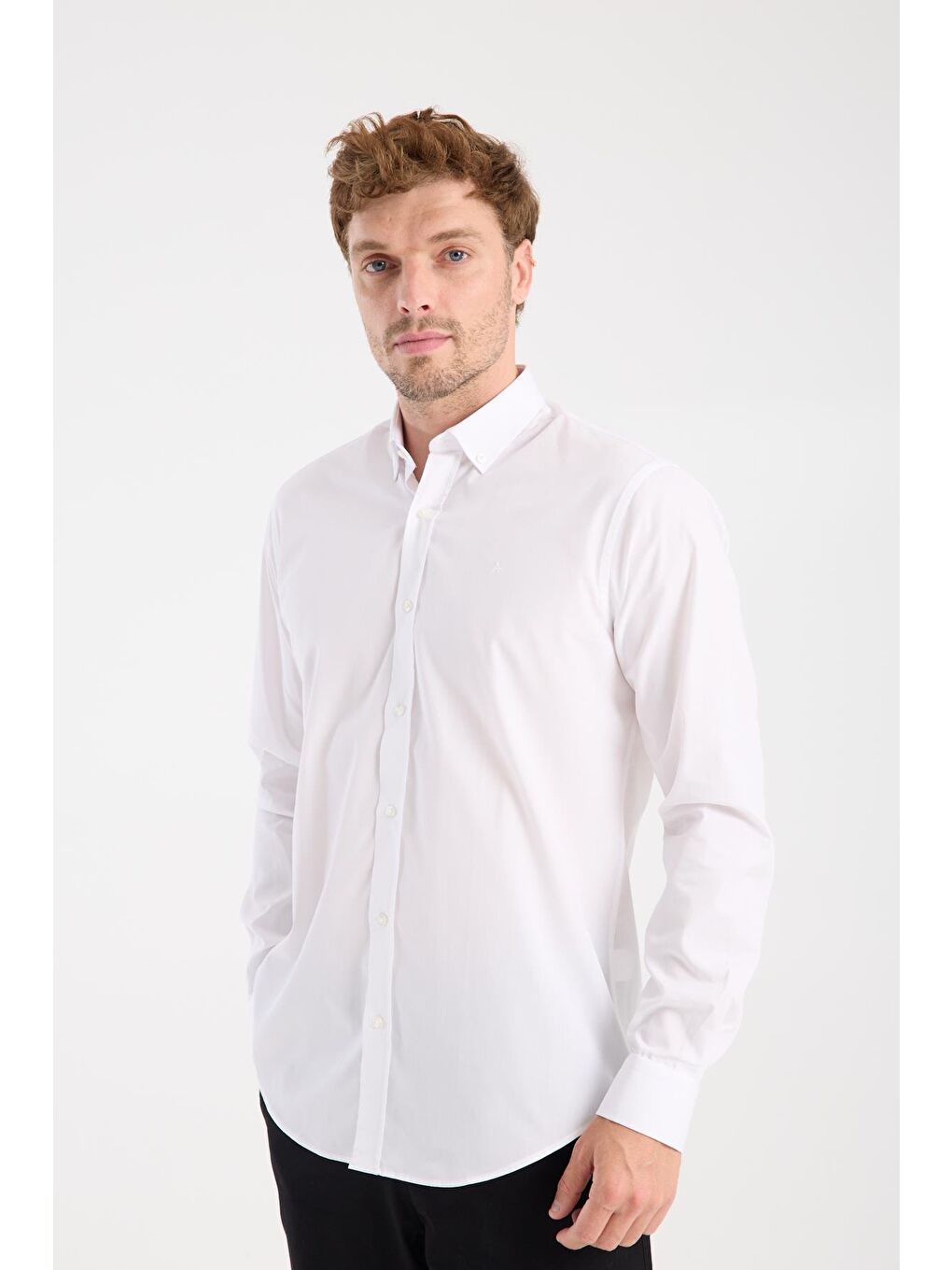 Aclub Ac10107 Poplin Pamuk Karışımlı Slim Fit Beyaz Düğmeli Yaka Erkek Düz Gömlek-3
