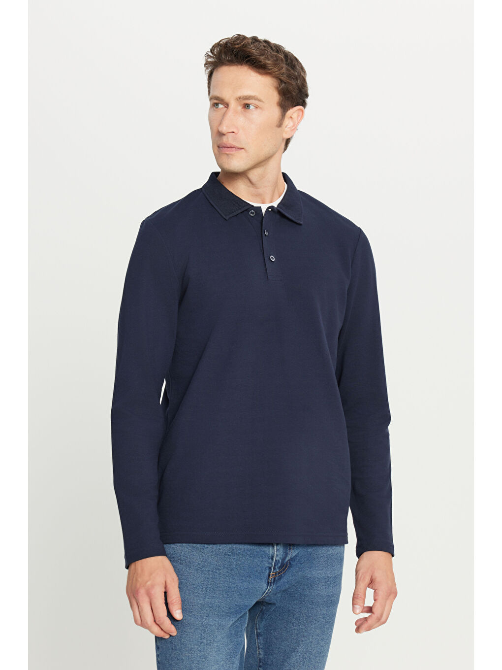 Erkek Lacivert %100 Pamuk Standart Fit Normal Kesim Polo Yaka Sweatshirt