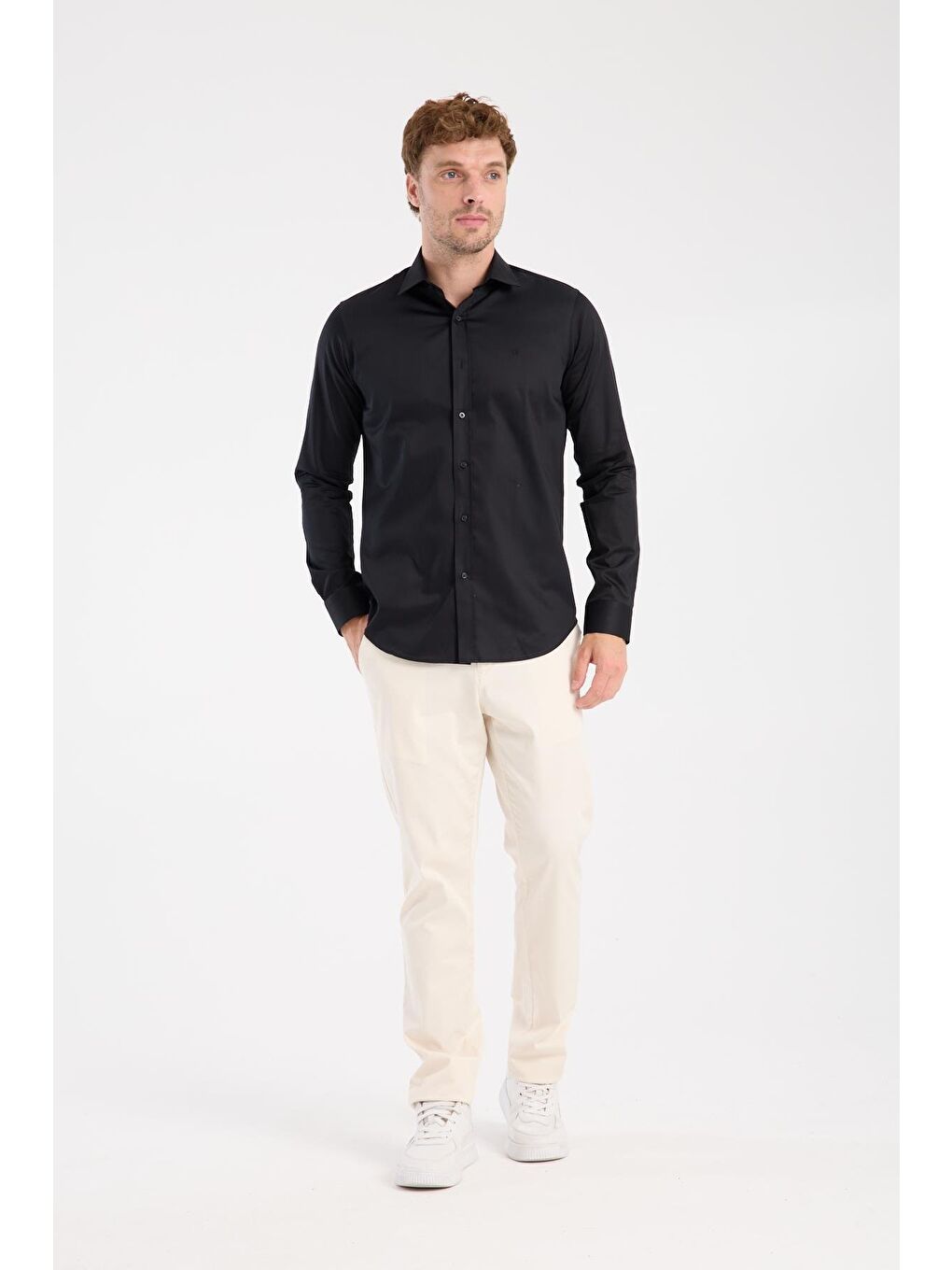 Aclub Ac10106 Saten Pamuklu Slim Fit Siyah Klasik Yaka Erkek Düz Gömlek-1