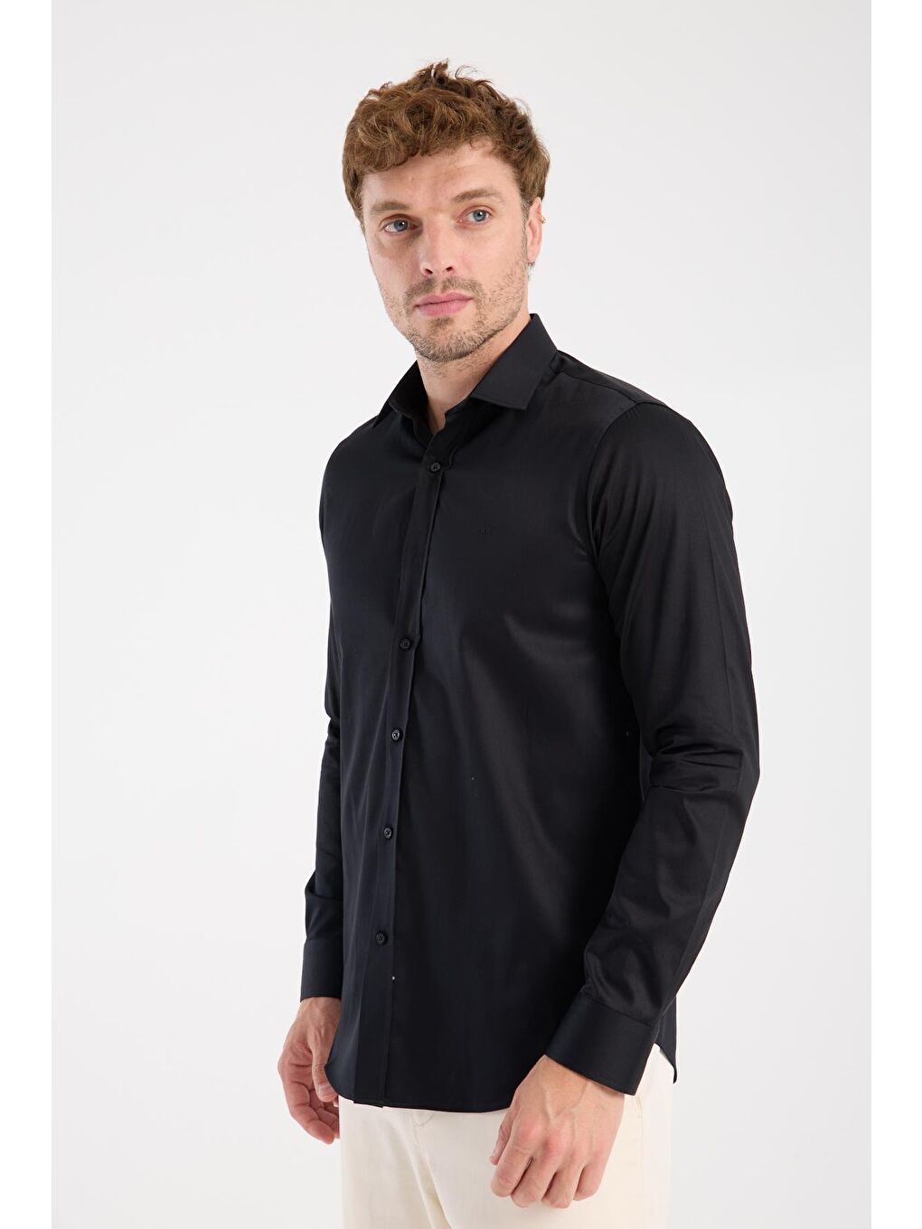 Aclub Ac10106 Saten Pamuklu Slim Fit Siyah Klasik Yaka Erkek Düz Gömlek-2