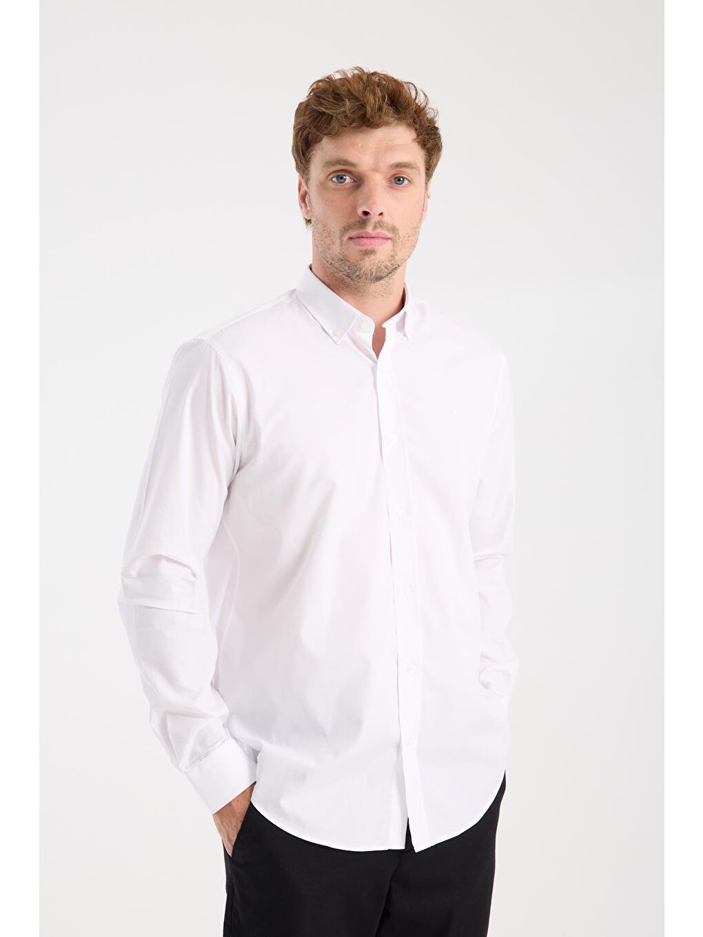 Aclub Ac10107 Poplin Pamuk Karışımlı Slim Fit Beyaz Düğmeli Yaka Erkek Düz Gömlek-5