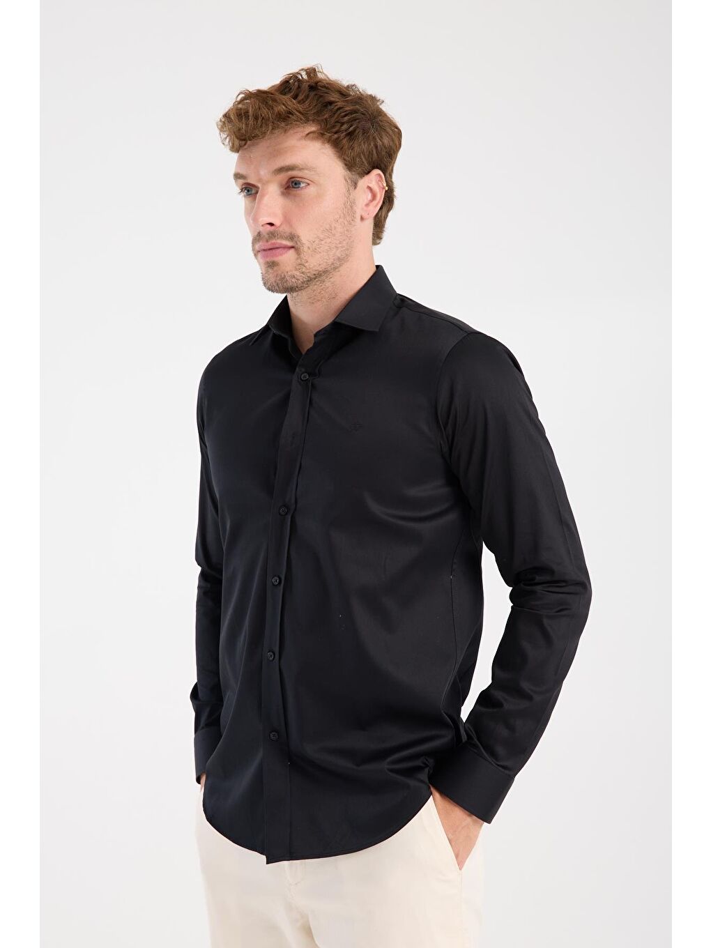Aclub Ac10106 Saten Pamuklu Slim Fit Siyah Klasik Yaka Erkek Düz Gömlek-3