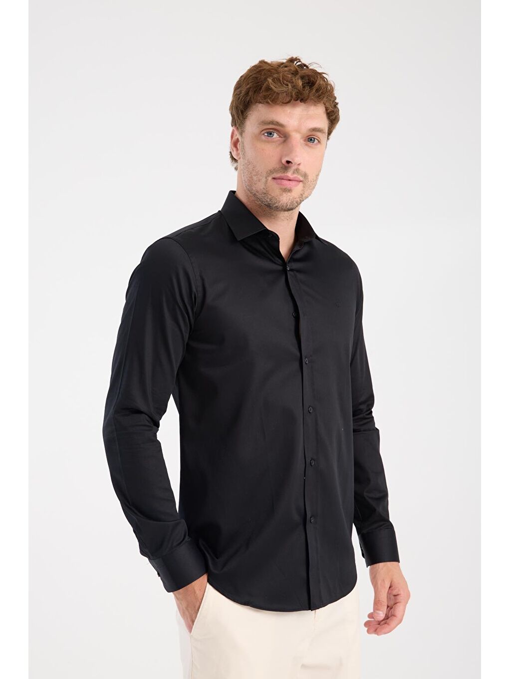 Aclub Ac10106 Saten Pamuklu Slim Fit Siyah Klasik Yaka Erkek Düz Gömlek-4