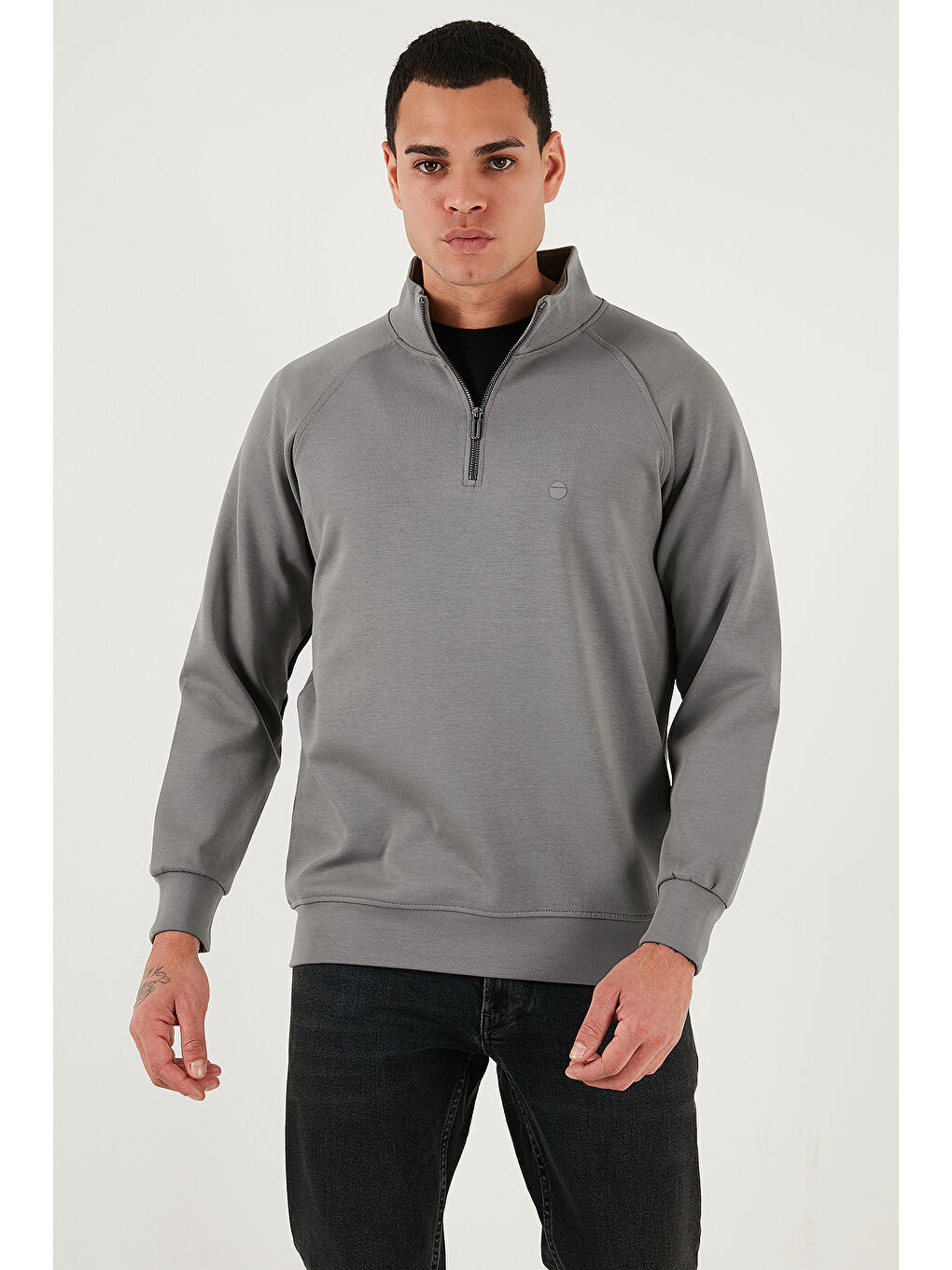 Haki Pamuklu Relaxed Fit Yarım Fermuarlı Dik Yaka Sweat 5901232-2