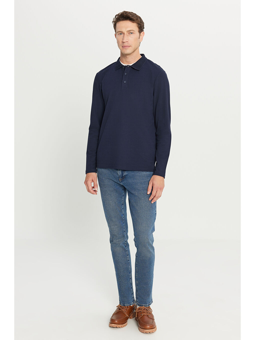 Erkek Lacivert %100 Pamuk Standart Fit Normal Kesim Polo Yaka Sweatshirt-1