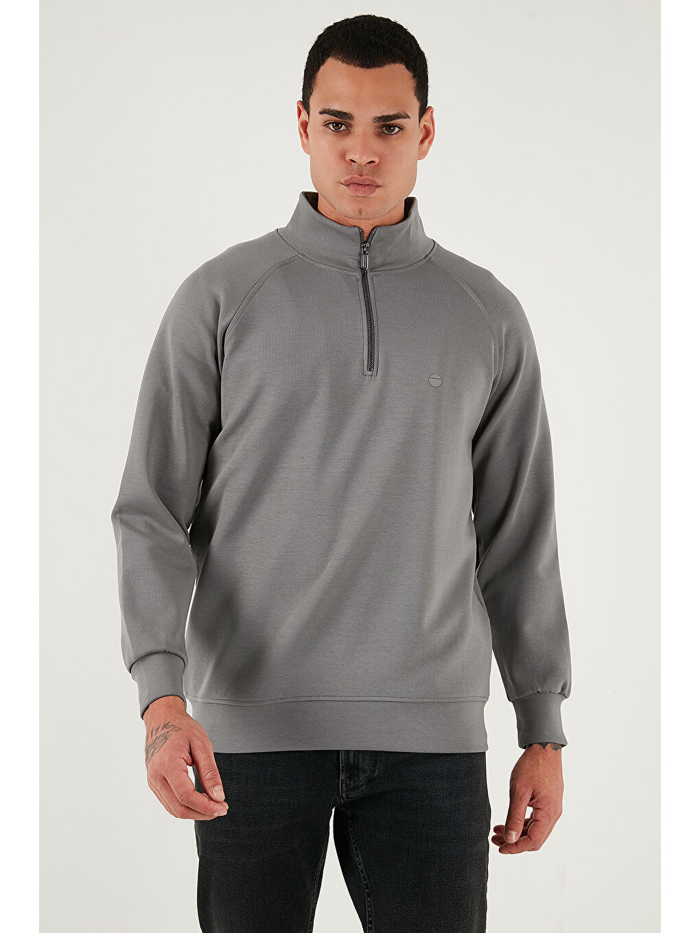 Haki Pamuklu Relaxed Fit Yarım Fermuarlı Dik Yaka Sweat 5901232-3