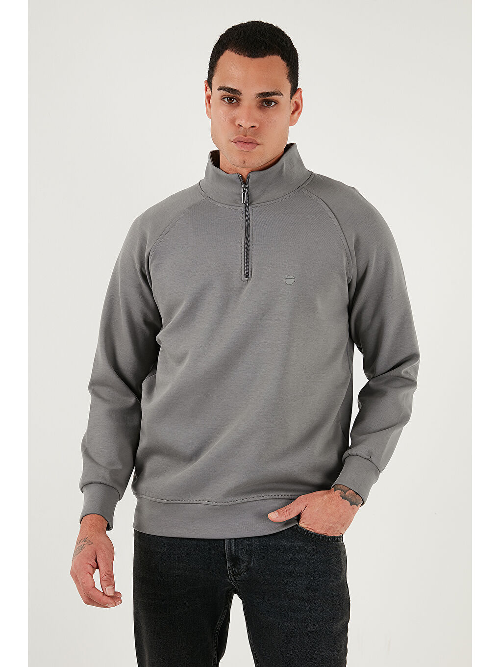 Haki Pamuklu Relaxed Fit Yarım Fermuarlı Dik Yaka Sweat 5901232-4