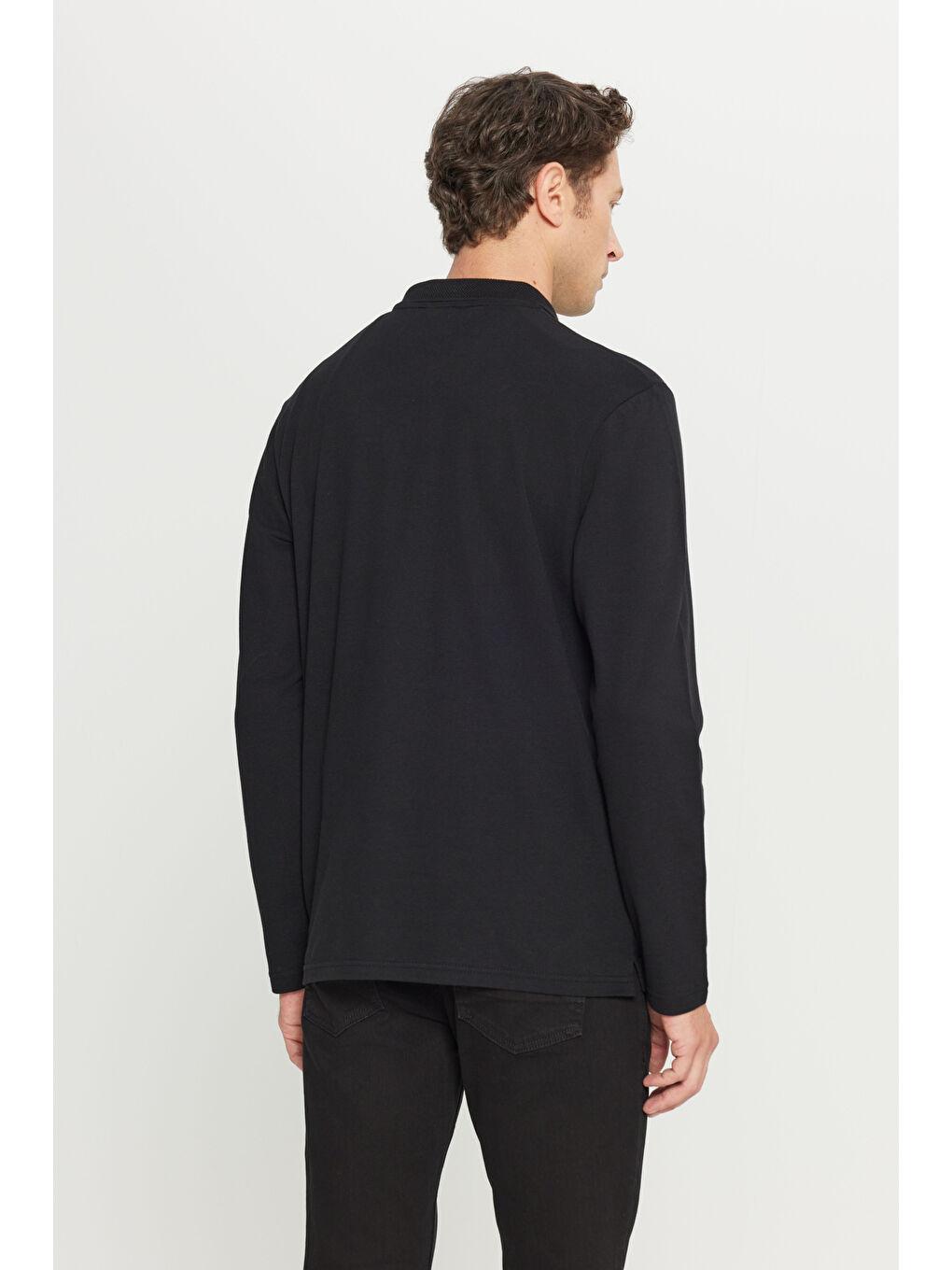 Erkek Siyah %100 Pamuk Standart Fit Normal Kesim Polo Yaka Sweatshirt-1