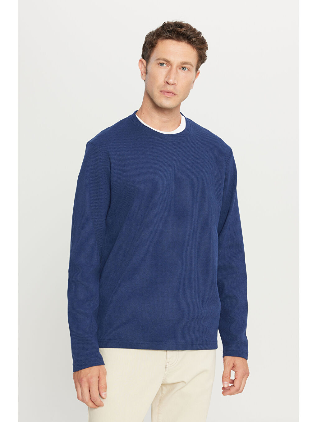 Erkek Lacivert Pamuklu Standart Fit Normal Kesim Bisiklet Yaka Sweatshirt