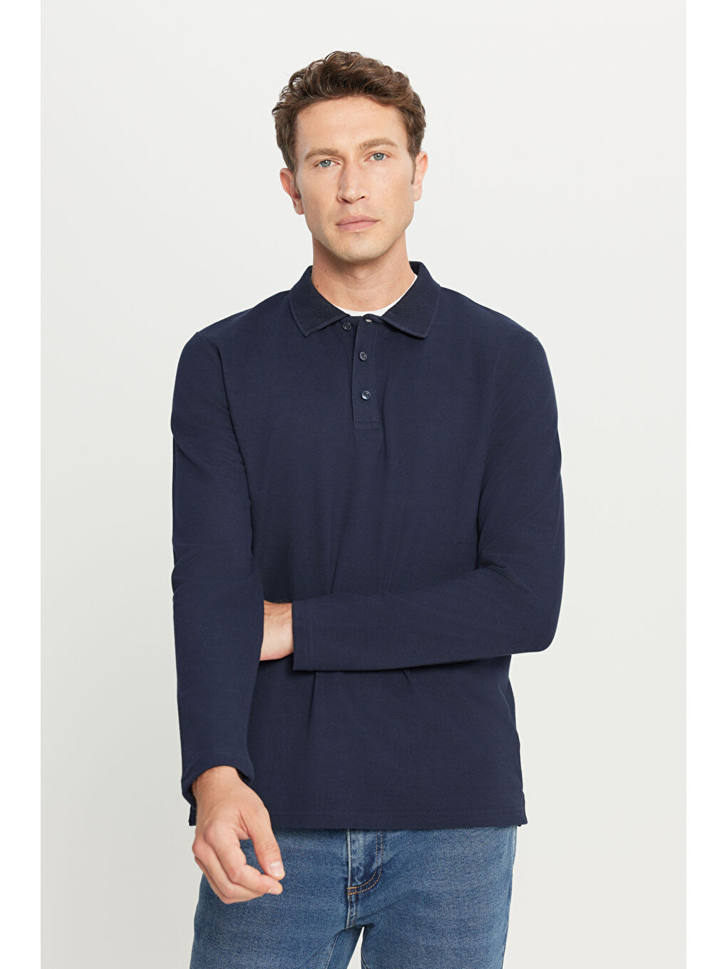 Erkek Lacivert %100 Pamuk Standart Fit Normal Kesim Polo Yaka Sweatshirt-2