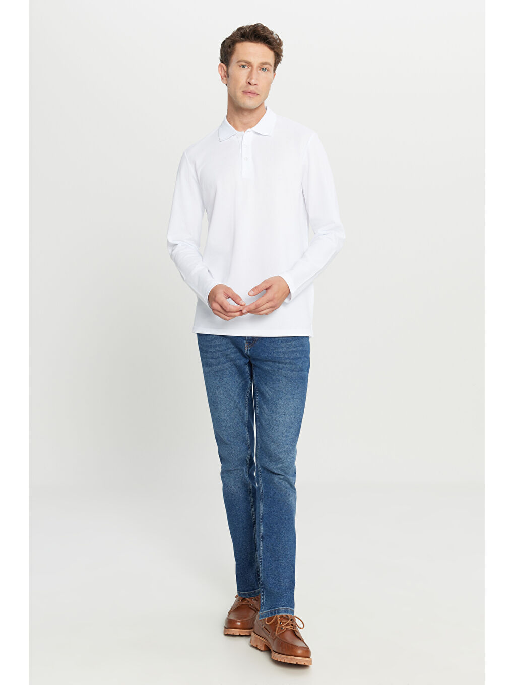 Erkek Beyaz %100 Pamuk Standart Fit Normal Kesim Polo Yaka Sweatshirt-1