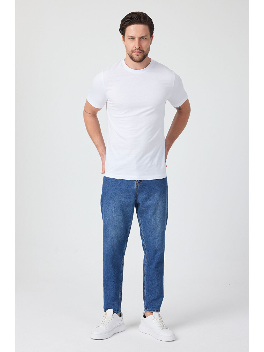Beyaz Erkek Bisiklet Yaka T-shirt 6212
