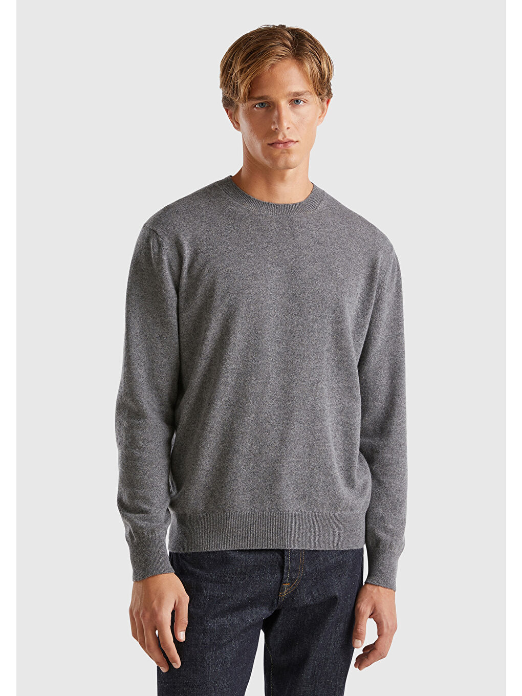 Gri Erkek Antrasit Melanj %100 Kaşmir Normal Kesim Ribanalı Yuvarlak Yaka Kazak