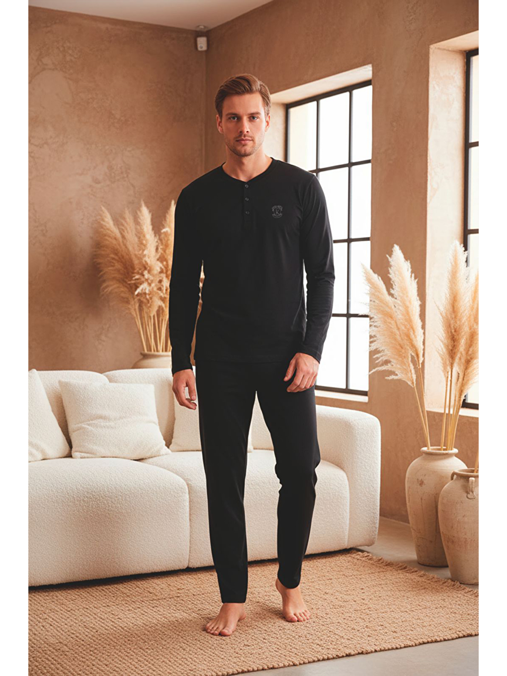 Erkek Uzun Kollu 4 Mevsim Penye Süprem Önü Patlı Pijama Takımı | Siyah 801