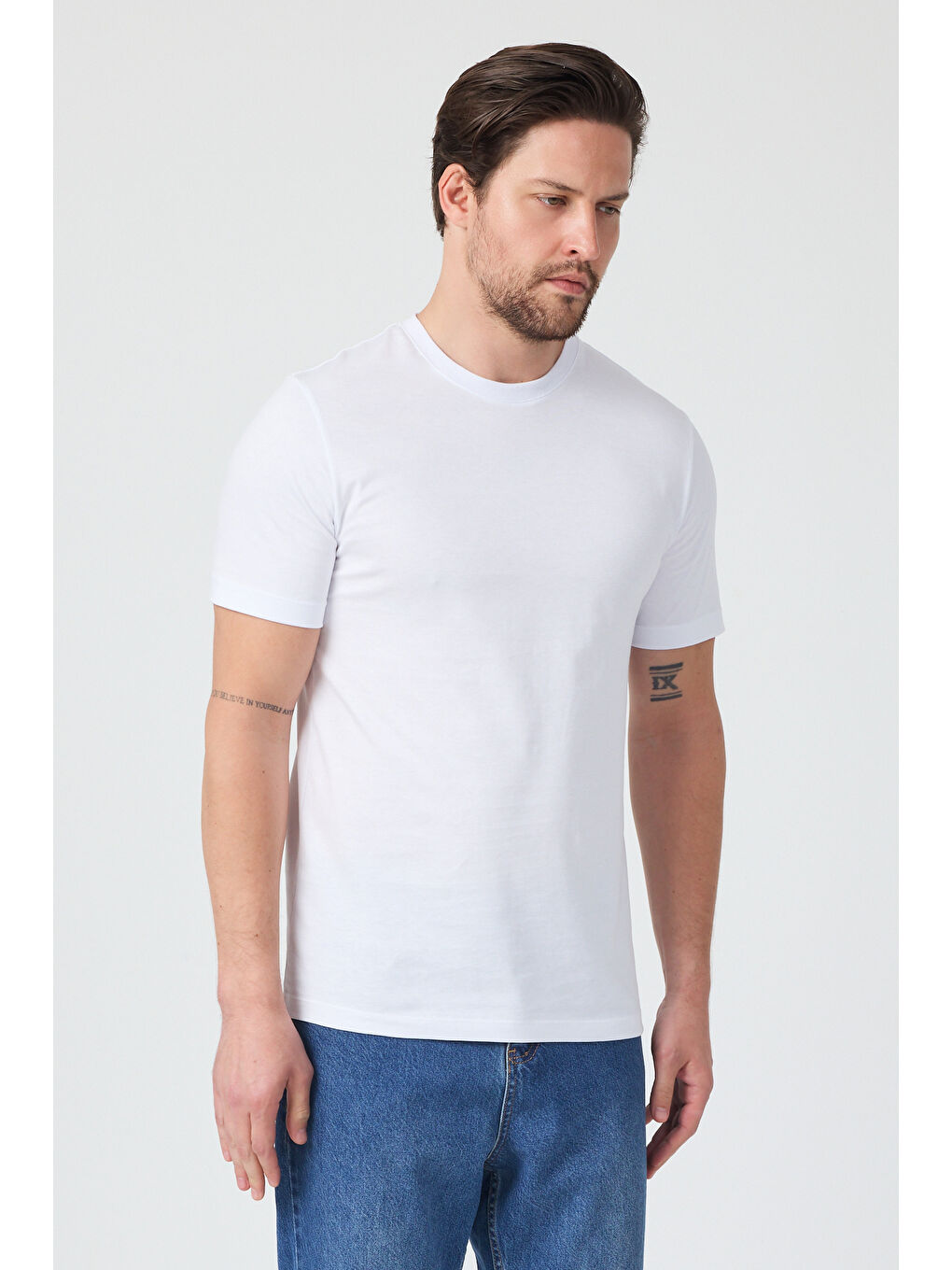 Beyaz Erkek Bisiklet Yaka T-shirt 6212-2