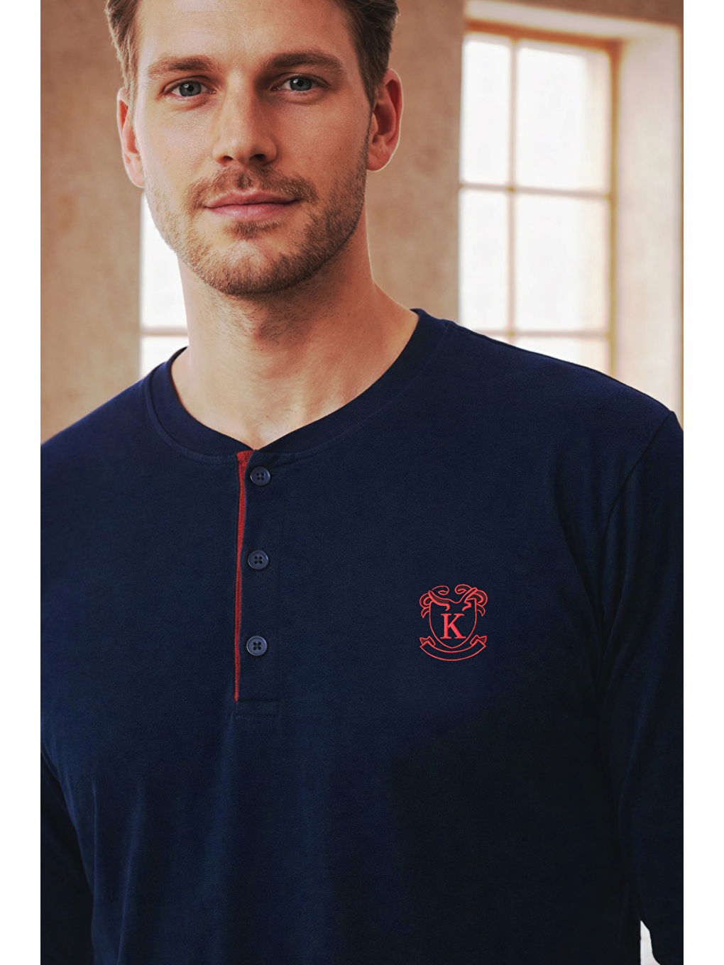 Erkek Uzun Kollu 4 Mevsim Penye Süprem Önü Patlı Pijama Takımı | Lacivert 802-1