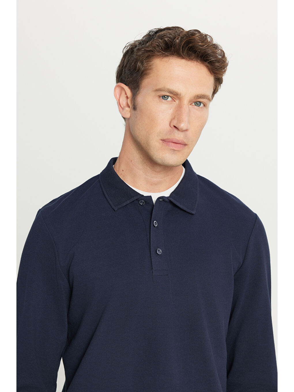 Erkek Lacivert %100 Pamuk Standart Fit Normal Kesim Polo Yaka Sweatshirt-3