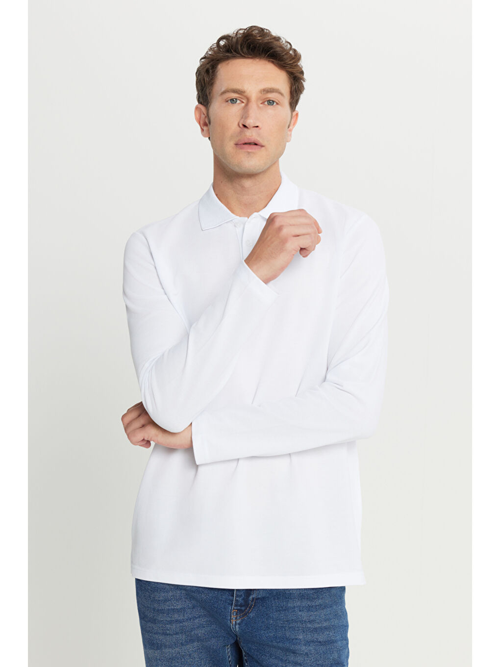 Erkek Beyaz %100 Pamuk Standart Fit Normal Kesim Polo Yaka Sweatshirt-2