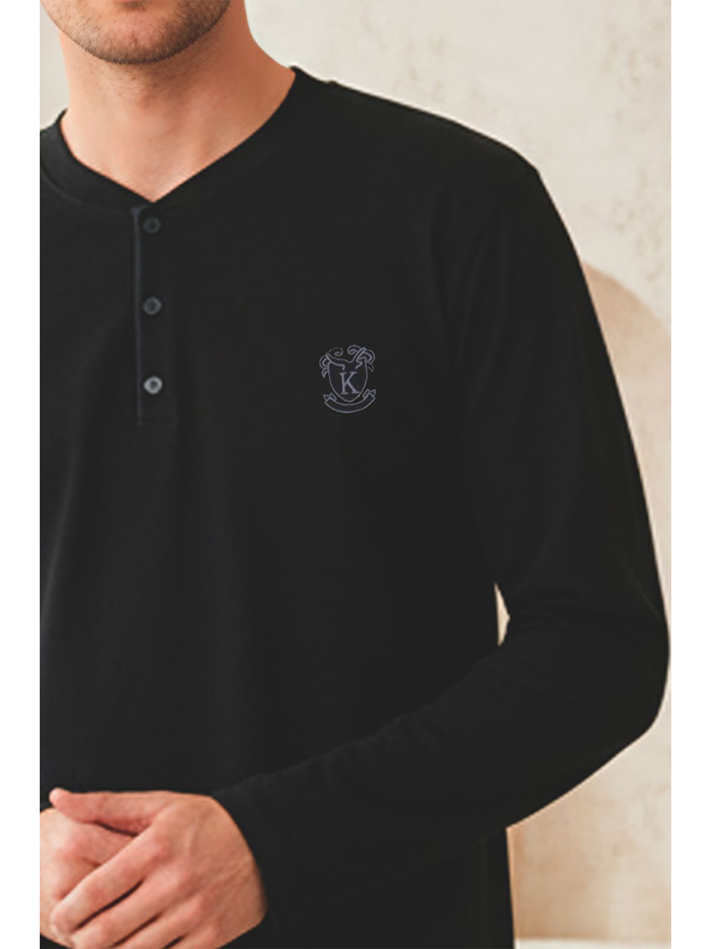 Erkek Uzun Kollu 4 Mevsim Penye Süprem Önü Patlı Pijama Takımı | Siyah 801-1