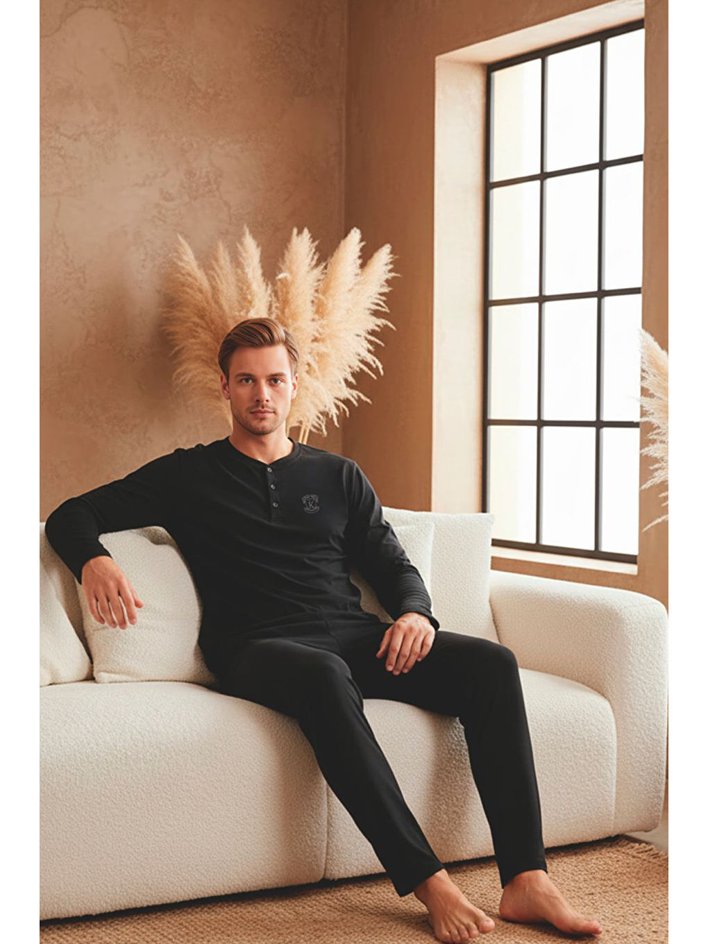 Erkek Uzun Kollu 4 Mevsim Penye Süprem Önü Patlı Pijama Takımı | Siyah 801-2
