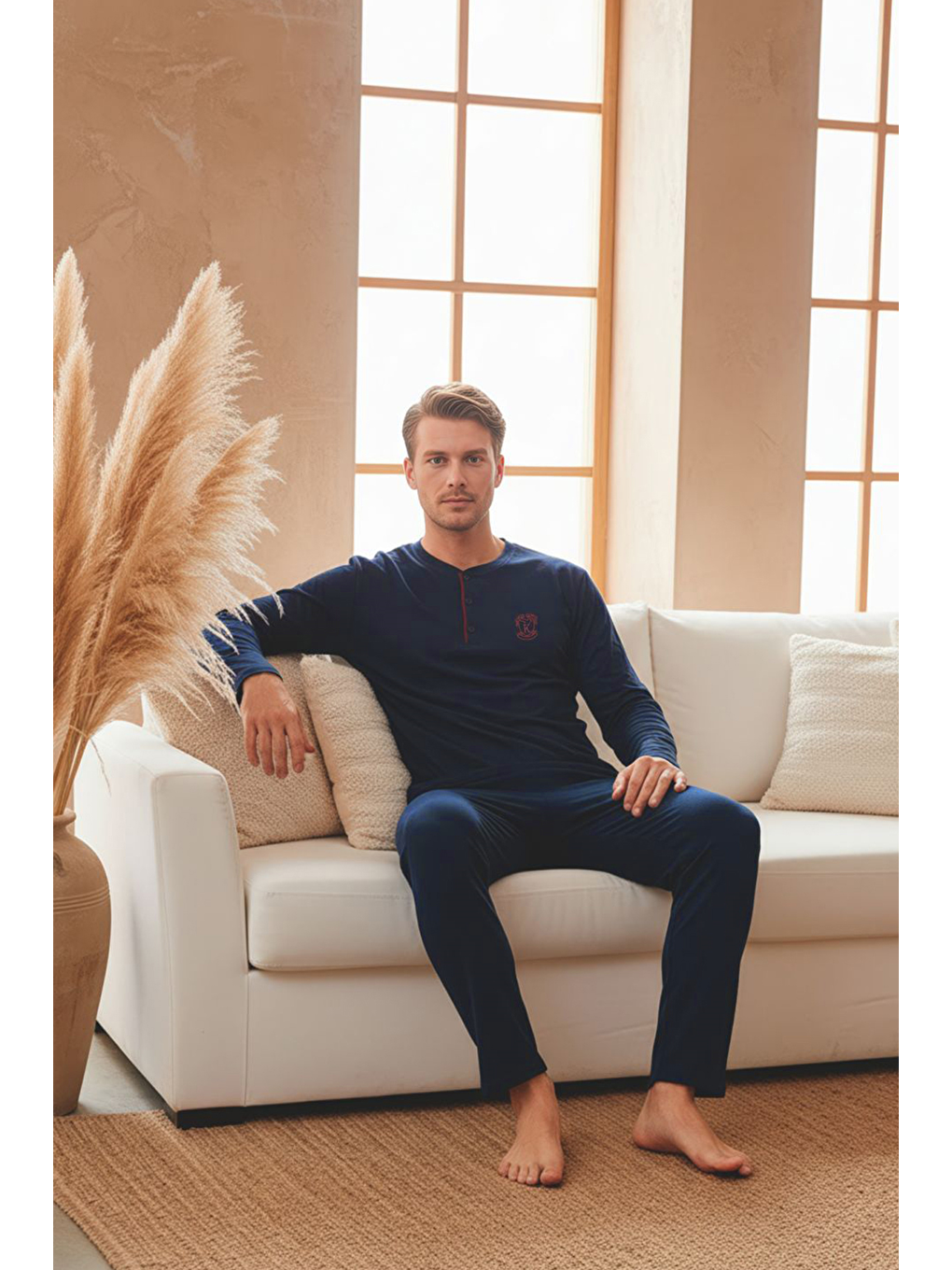 Erkek Uzun Kollu 4 Mevsim Penye Süprem Önü Patlı Pijama Takımı | Lacivert 802-2