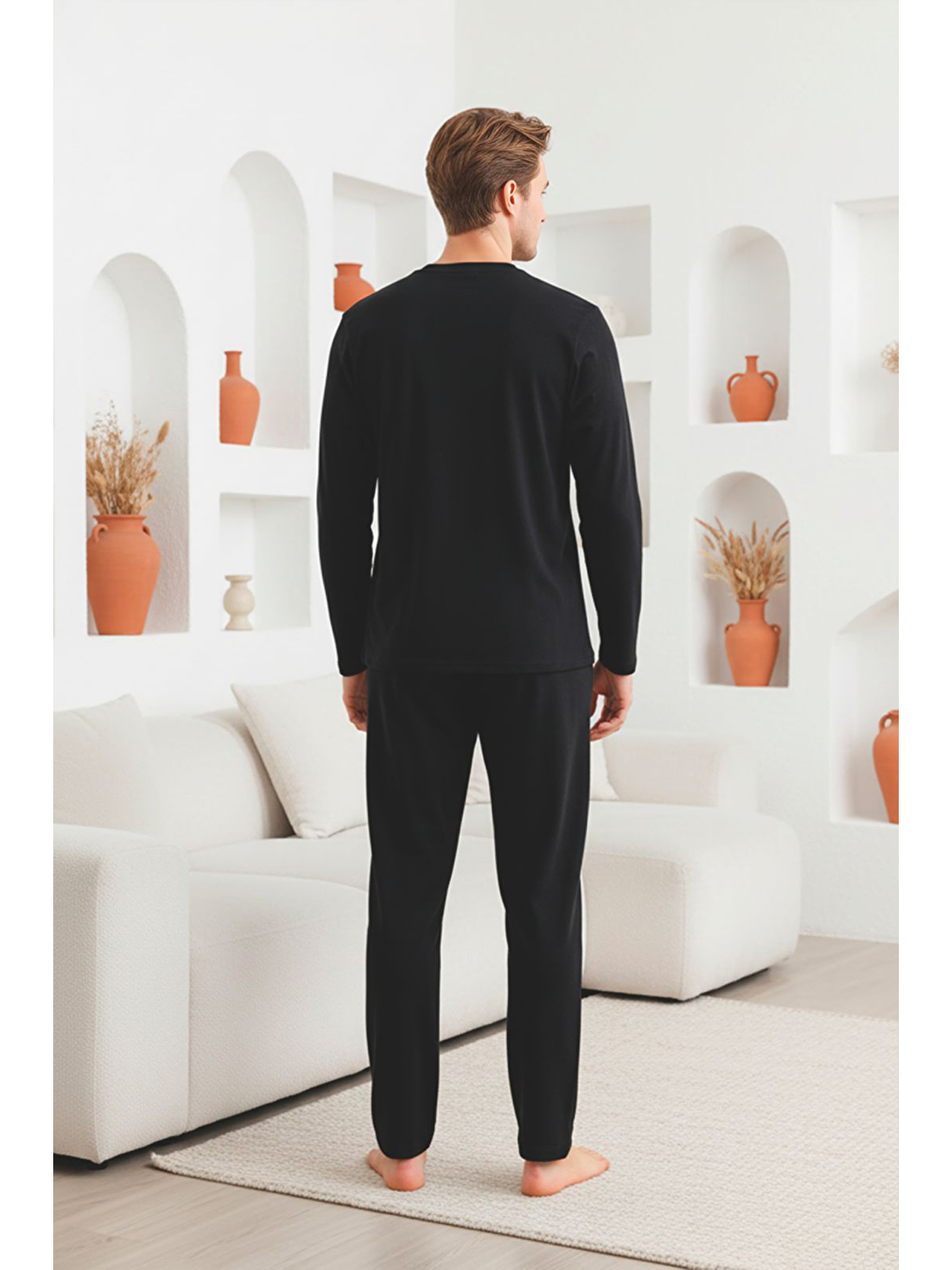 Erkek Uzun Kollu 4 Mevsim Penye Süprem Önü Patlı Pijama Takımı | Siyah 801-4