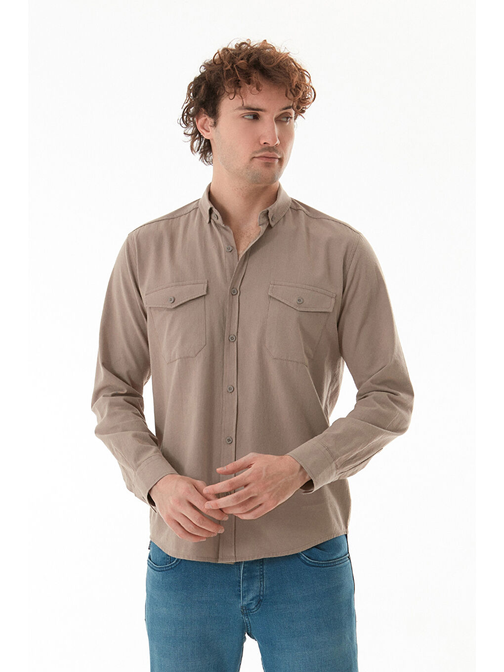 Bej Basic Çıtçıtlı Gabardin %100 Pamuk Gömlek-1