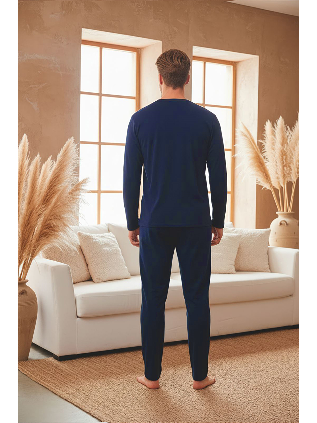 Erkek Uzun Kollu 4 Mevsim Penye Süprem Önü Patlı Pijama Takımı | Lacivert 802-3