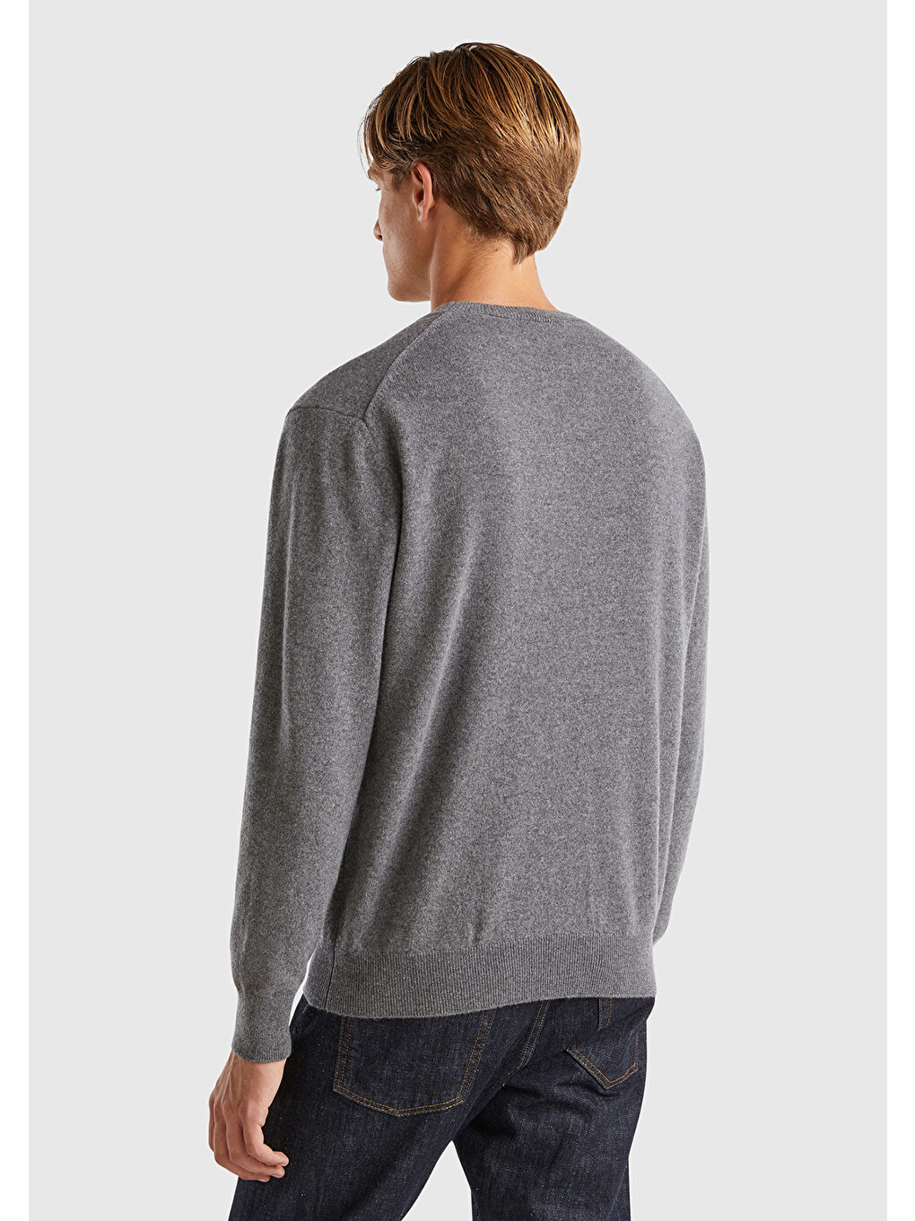 Gri Erkek Antrasit Melanj %100 Kaşmir Normal Kesim Ribanalı Yuvarlak Yaka Kazak-1