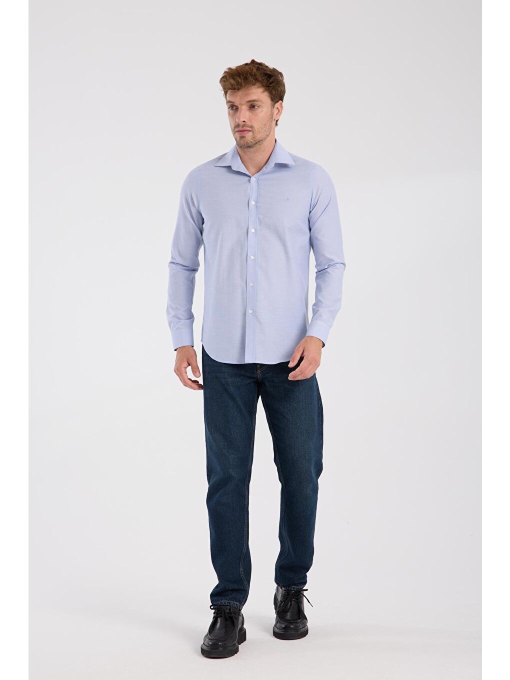 Aclub Ac10096 Oxford Pamuklu Slim Fit Mavi Klasik Yaka Erkek Düz Gömlek-1