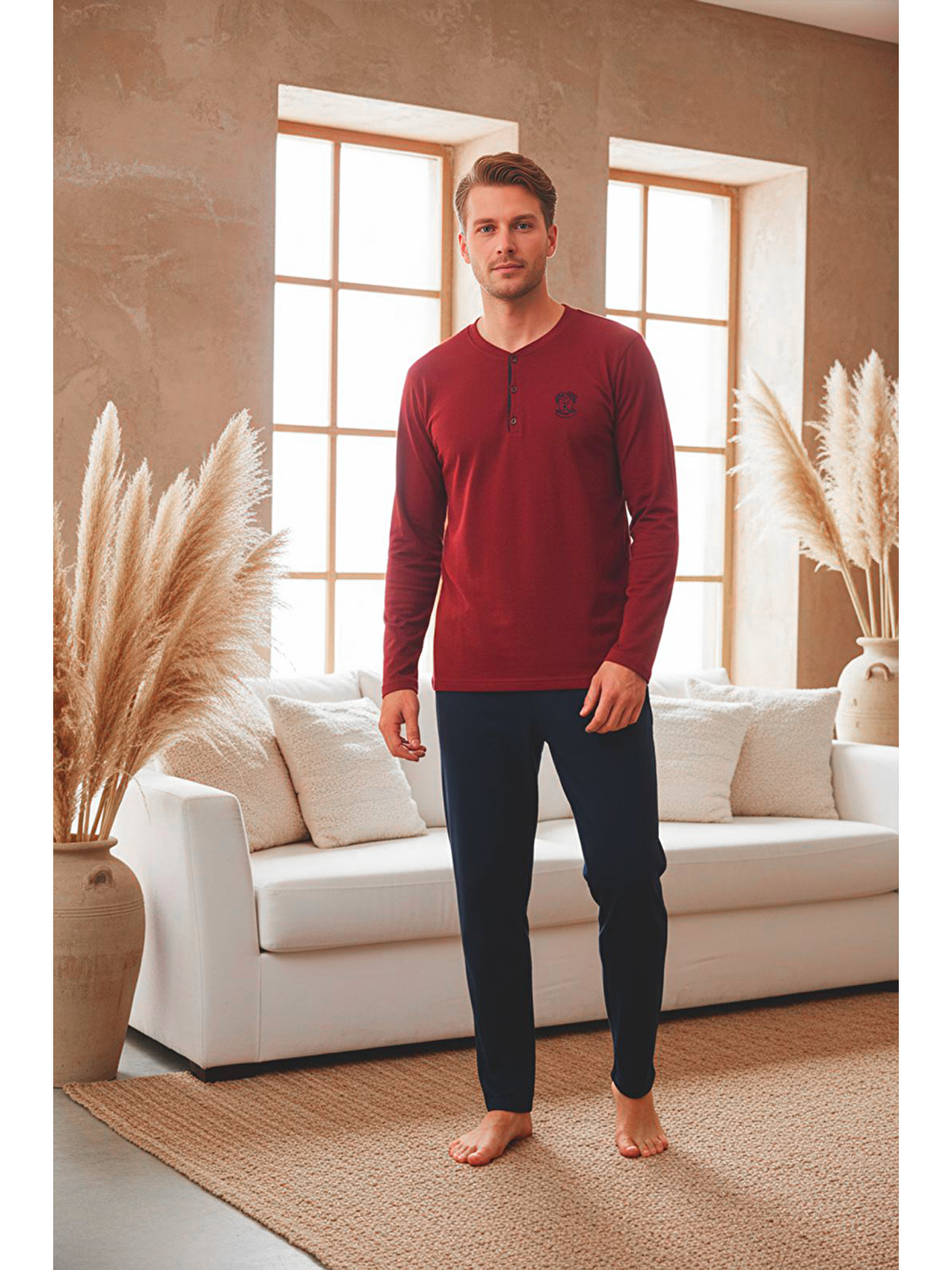 Erkek Uzun Kollu 4 Mevsim Penye Süprem Önü Patlı Pijama Takımı | Bordo 800
