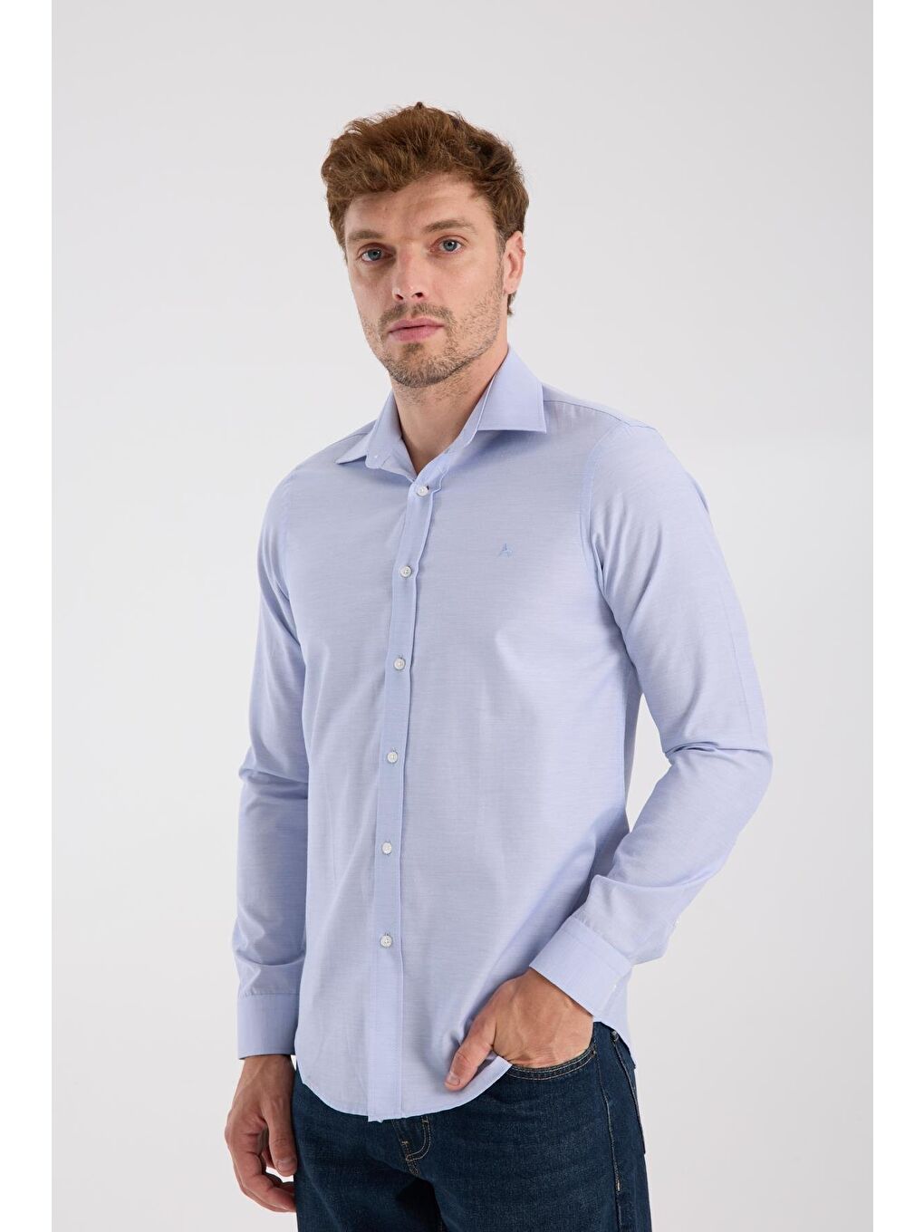 Aclub Ac10096 Oxford Pamuklu Slim Fit Mavi Klasik Yaka Erkek Düz Gömlek-2