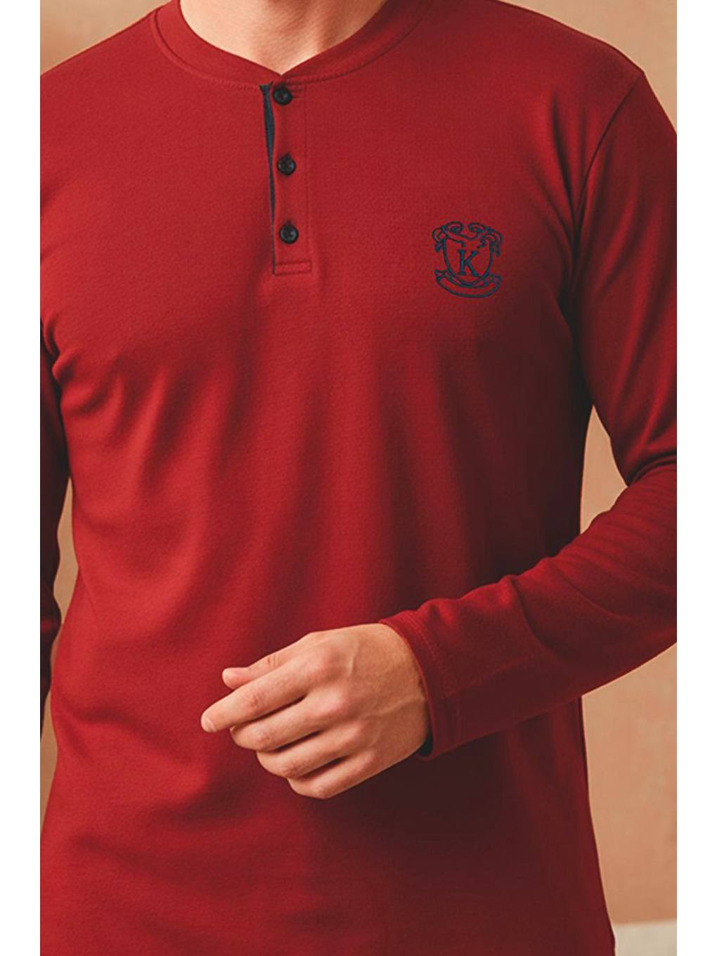 Erkek Uzun Kollu 4 Mevsim Penye Süprem Önü Patlı Pijama Takımı | Bordo 800-1