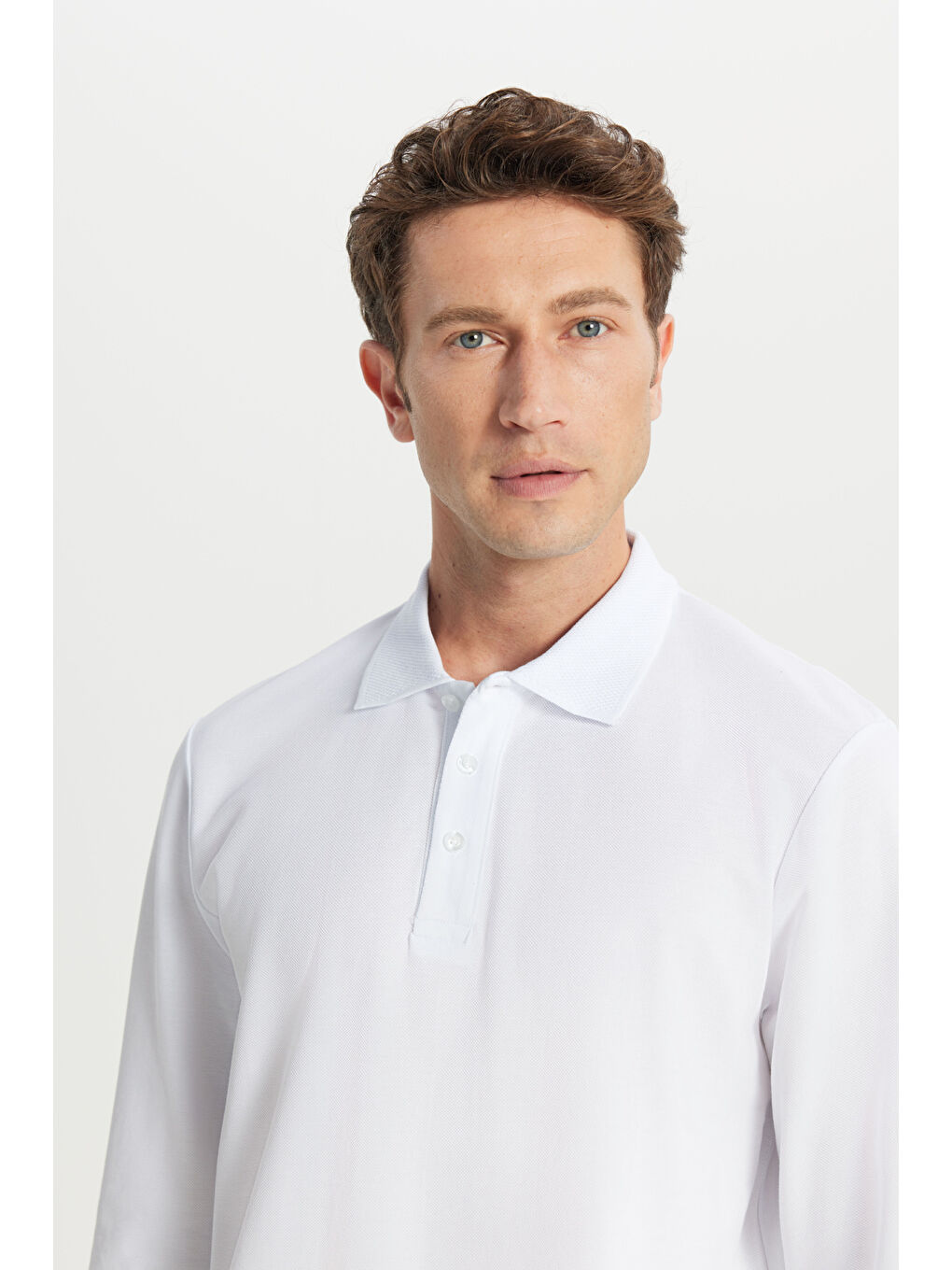 Erkek Beyaz %100 Pamuk Standart Fit Normal Kesim Polo Yaka Sweatshirt-3