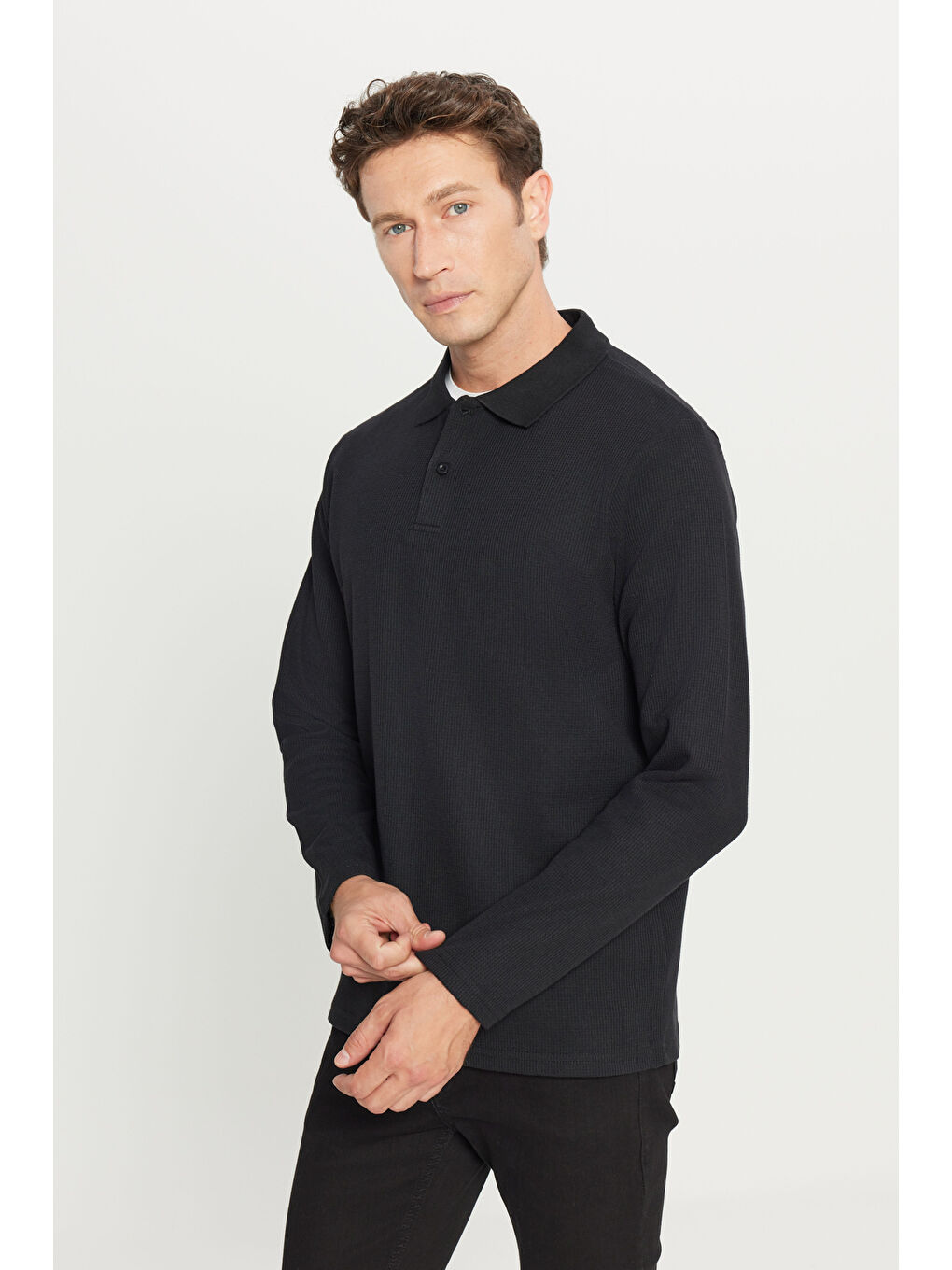 Erkek Siyah Pamuklu Standart Fit Normal Kesim Polo Yaka Sweatshirt-2