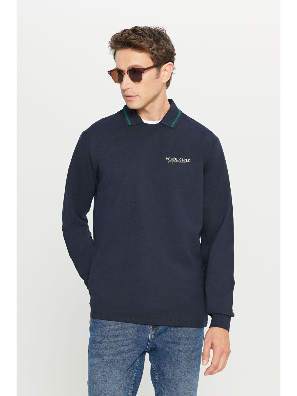 Erkek Lacivert 2 İplik Pamuklu Standart Fit Normal Kesim Polo Yaka Sweatshirt