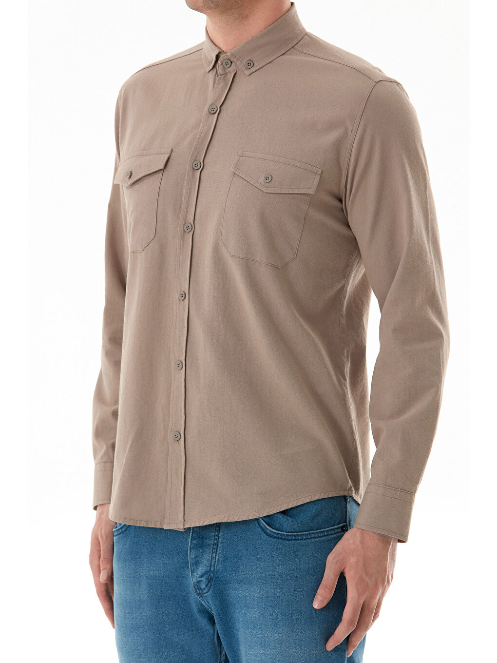 Bej Basic Çıtçıtlı Gabardin %100 Pamuk Gömlek-4