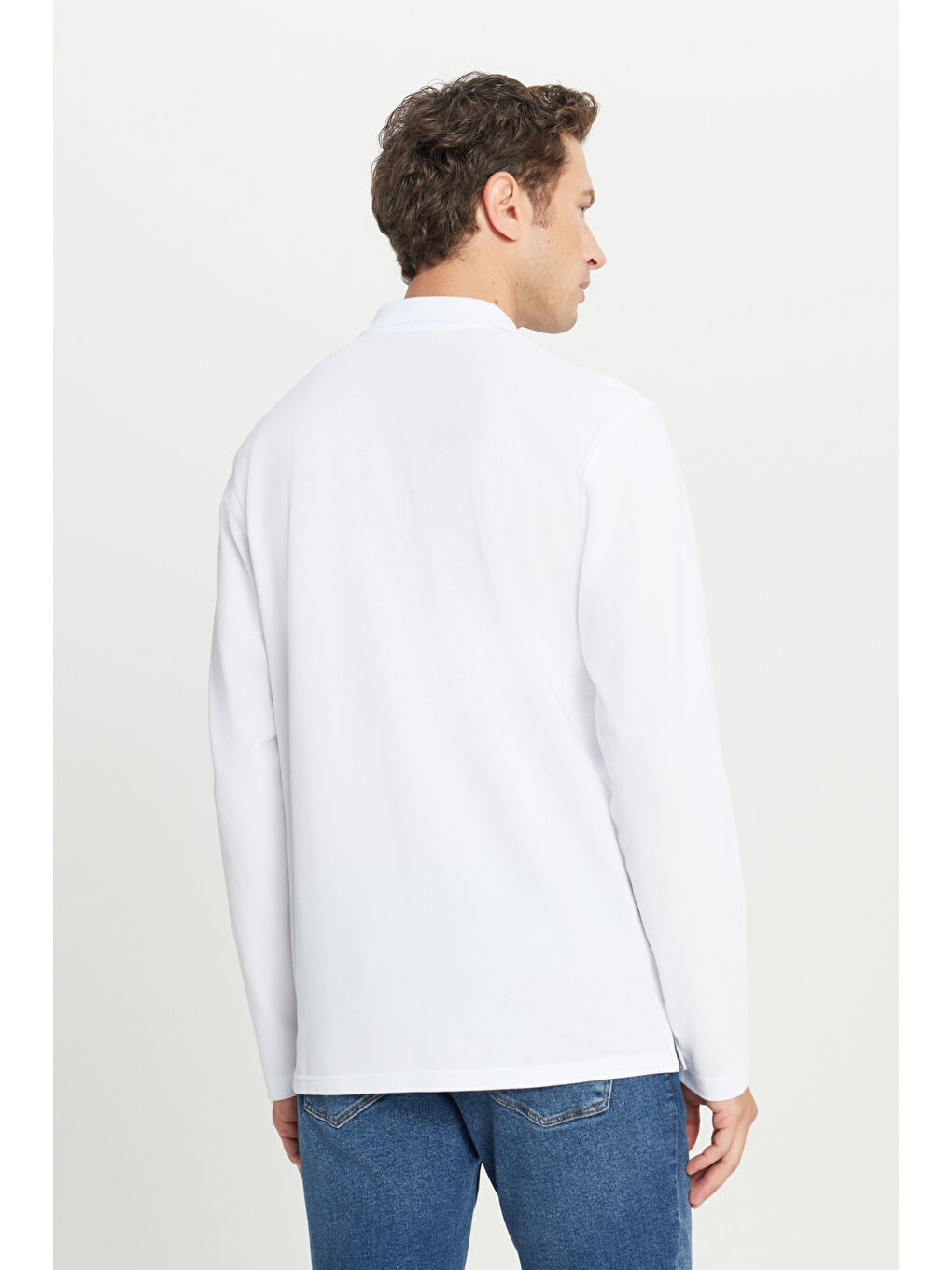 Erkek Beyaz %100 Pamuk Standart Fit Normal Kesim Polo Yaka Sweatshirt-4