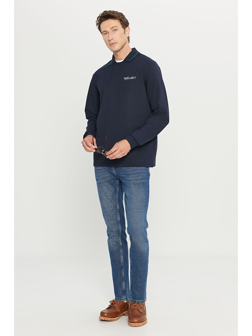 Erkek Lacivert 2 İplik Pamuklu Standart Fit Normal Kesim Polo Yaka Sweatshirt-1