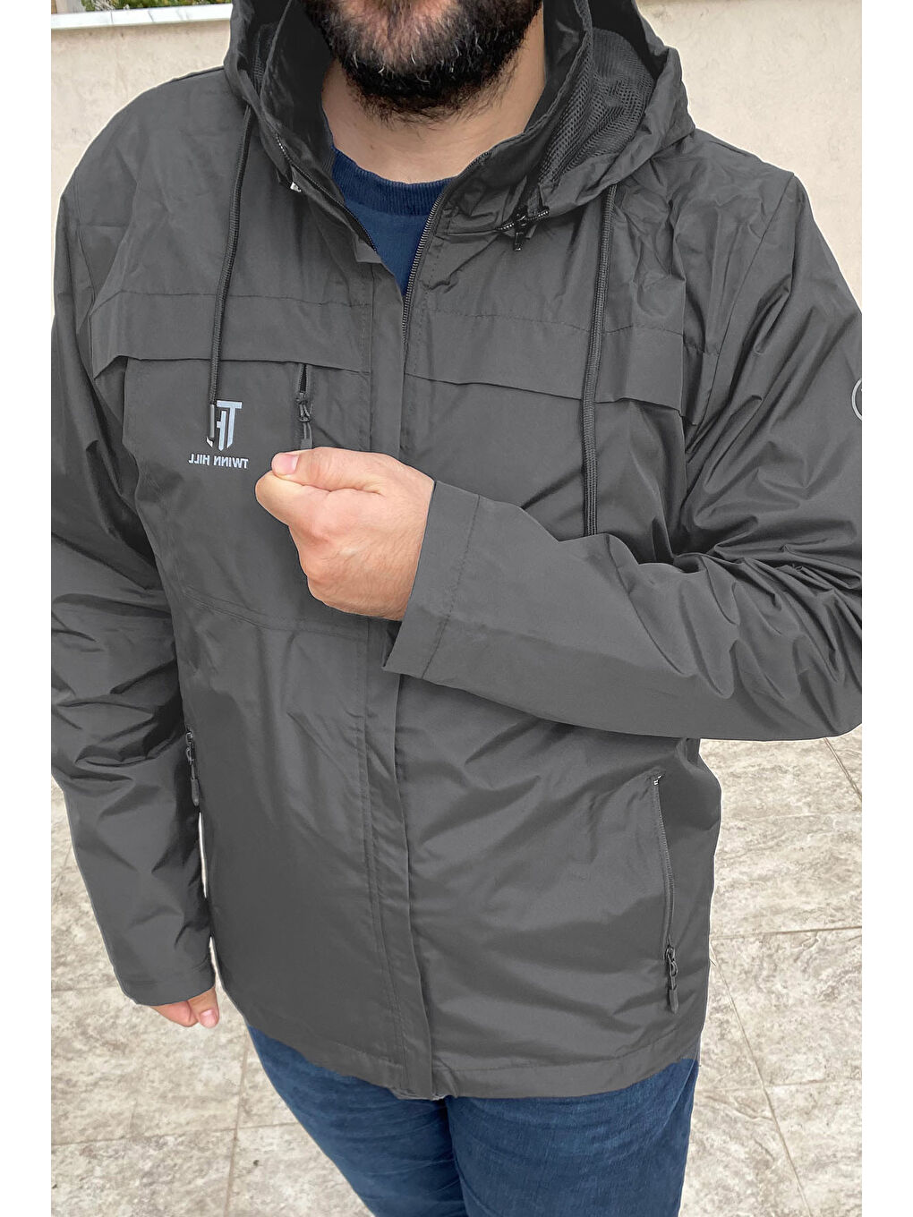 Gri Büyük Beden Erkek Kapüşonlu Rüzgar Geçirmez Cep Detaylı İçi Fileli Füme TH901