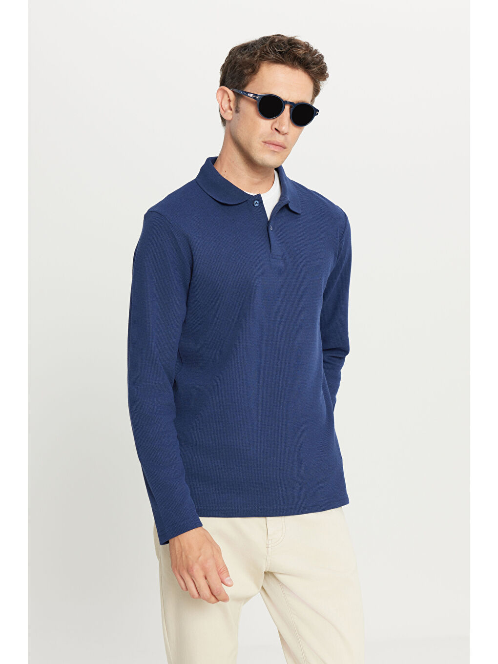 Erkek Lacivert Pamuklu Standart Fit Normal Kesim Polo Yaka Sweatshirt