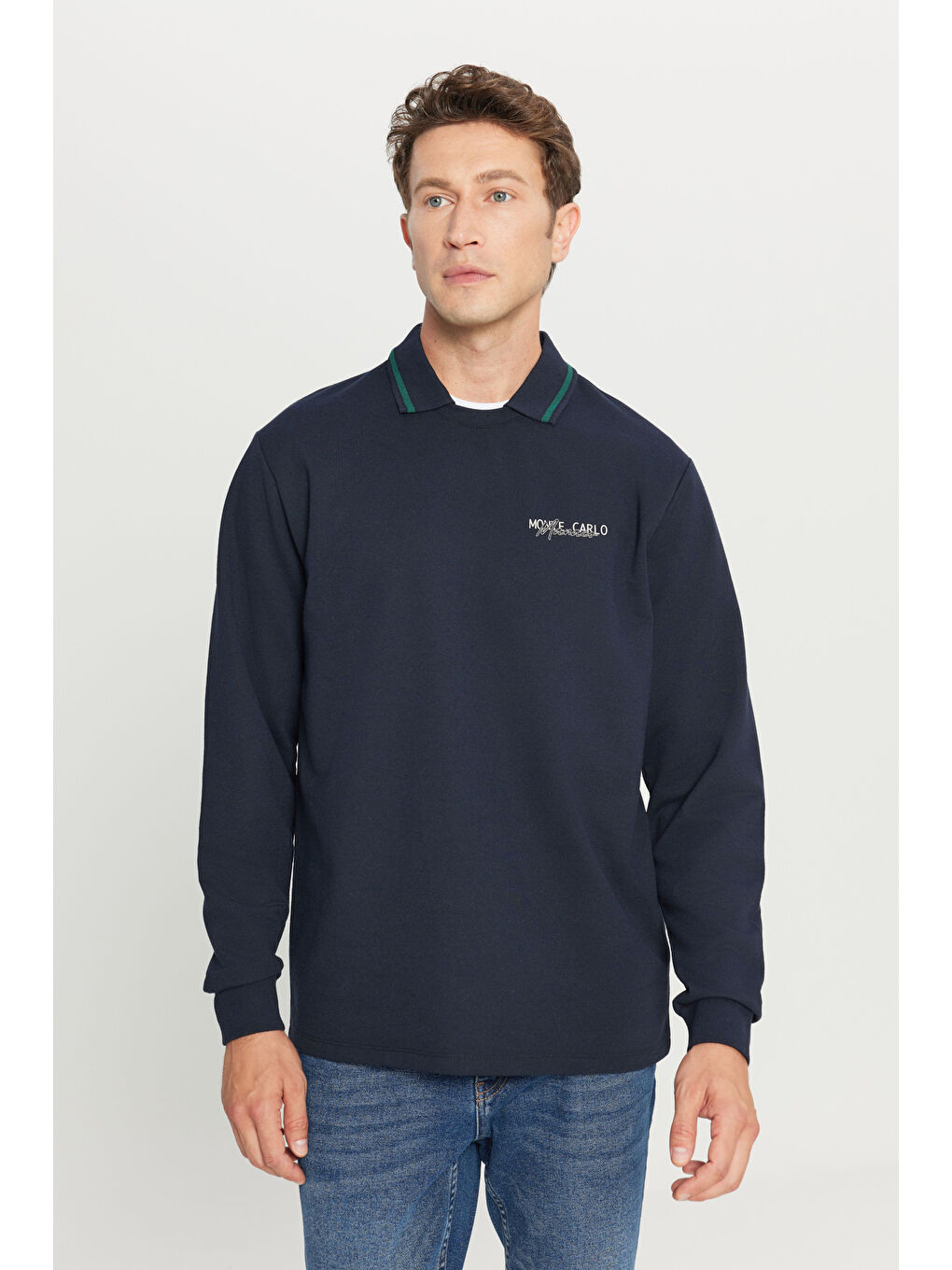 Erkek Lacivert 2 İplik Pamuklu Standart Fit Normal Kesim Polo Yaka Sweatshirt-2