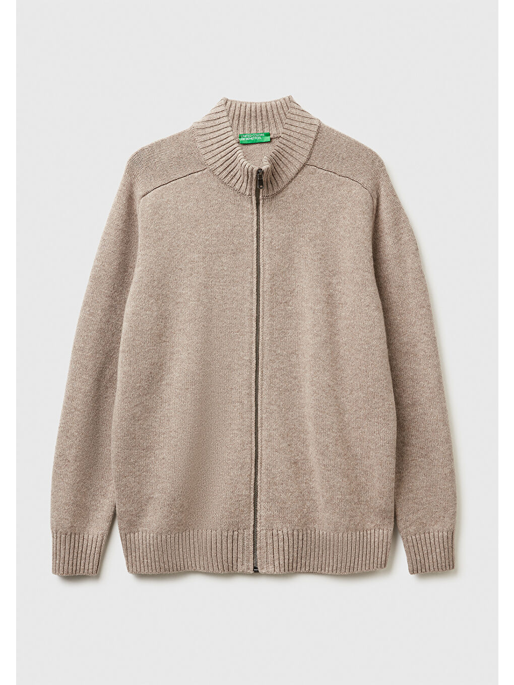 Erkek Bej Melanj %100 Yün Ribana Detaylı Fermuarlı Hırka