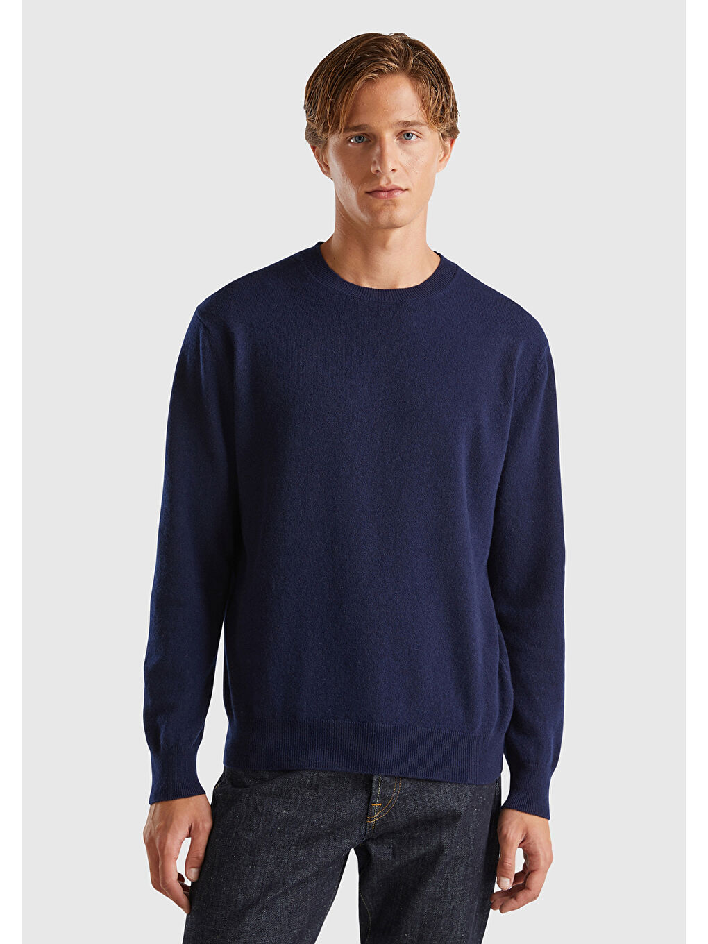 Erkek Lacivert %100 Kaşmir Normal Kesim Ribanalı Yuvarlak Yaka Kazak